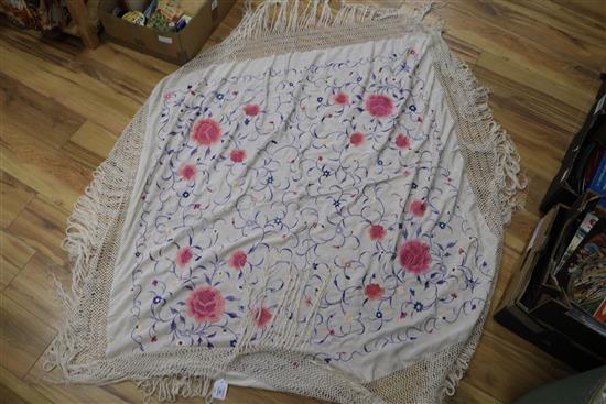 A Chinese cream multi-coloured embroidered shawl